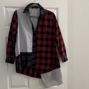 Zara Mixed Plaid and Stripe Button-Down Shirt - Red, Black, Blue, White